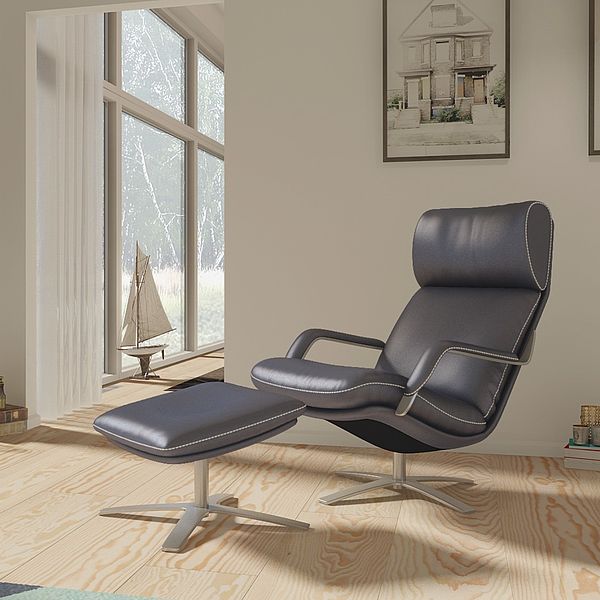 Relaxsessel und Hocker Nasa von Berg in mittelgrauem Lederbezug zum Tiefspreis 