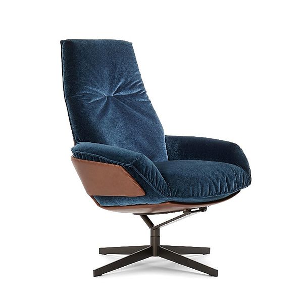 Funktionssessel Daron in blauem Stoff und beigefarbenem Leder zum Sonderpreis.