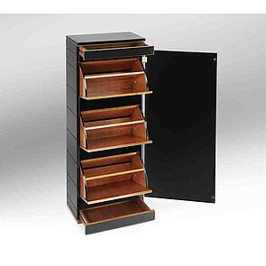 halbhoher, offener Schuhschrank Scarpiera 177 von Miazzo in schwarzem Klavierlack mit gewischten Kanten