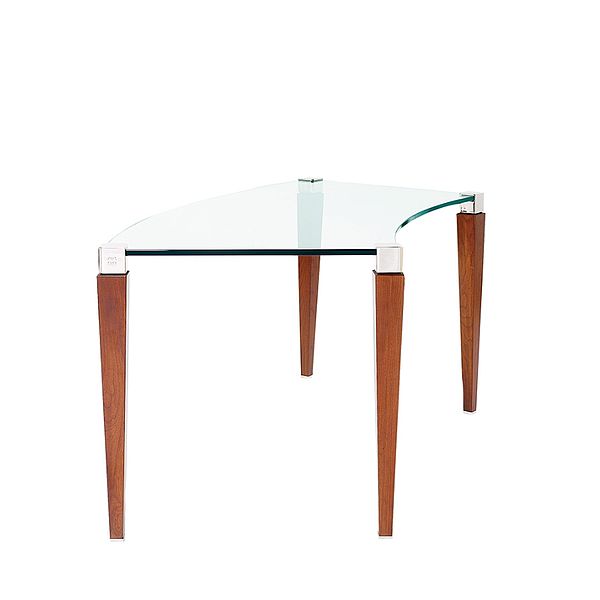 Ghyczy Schreibtisch T56/2 mit gebogener Glasplatte, Füße in Kirschholz